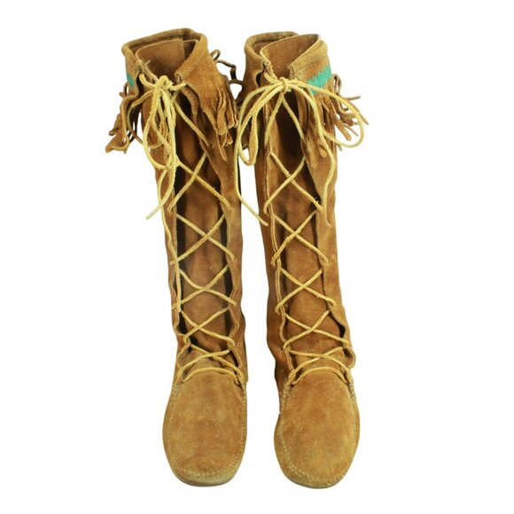 *Minnetonka Suede Knee High Lace Up Moccasins Festival Fringe Size 11 Inches - Picture 5 of 9